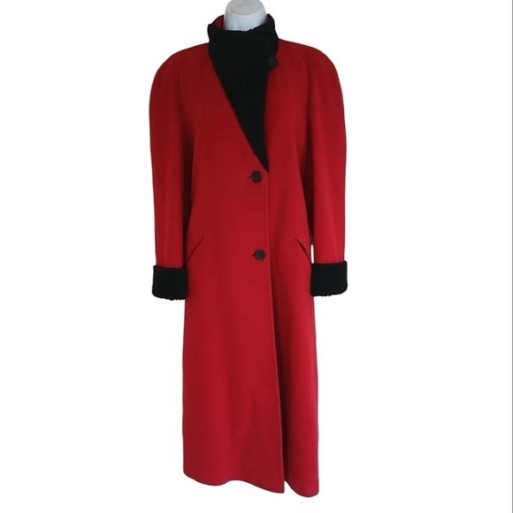 Vintage Statement Red 100% Wool High Collar Trench Coat Black Trim M - Picture 3 of 8